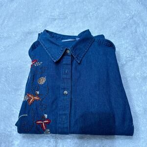 Liz & Me Womens Button Up Denim Embroidered Autumn Shirt Plus Sz 2X Western Core